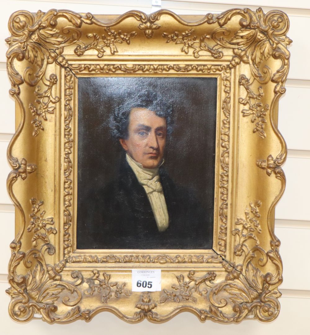 Early 19th century English School, oil on board, Portrait of a gentleman, 24 x 19cm